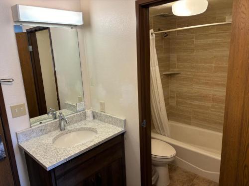 a bathroom with a sink and a toilet and a shower at Super 8 by Wyndham Rexburg in Rexburg