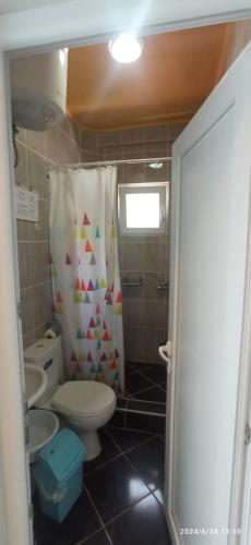 a bathroom with a toilet and a shower curtain at Apartmani Isabela sa terasom in Zagrađe