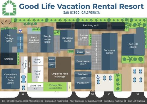 a site plan of a small apartment complex at Good Life Resorts in San Diego