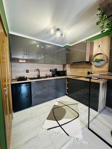 a kitchen with stainless steel cabinets and a sink at Shtastliveca Guest Apartment in Velingrad