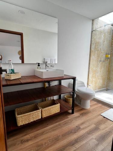 a bathroom with a sink and a toilet at San Felipe Lodge. Birding and Wellness in Cali
