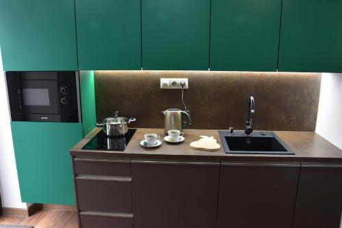a kitchen counter with a sink and a microwave at Apartmány Žakovce & SPA in Veľká Lomnica