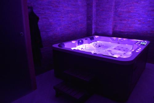 a bath tub with purple lights in a room at Apartmány Žakovce & SPA in Veľká Lomnica