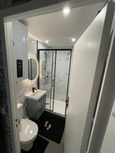 une salle de bain avec des toilettes blanches et un lavabo dans l'établissement Studio rénové 100m plage - Grand balcon - Parking, à Villers-sur-Mer