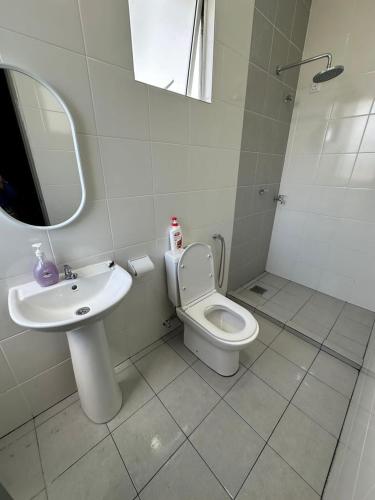 a bathroom with a toilet and a sink and a mirror at Tn'J Homestay Condominium Kinarut, Papar in Papar