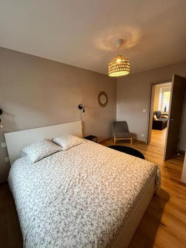 une chambre avec un grand lit et un lustre dans l'établissement Appartement agréable proche centre-ville et gare, à Belfort