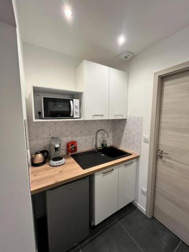 une petite cuisine avec un évier et un micro-ondes dans l'établissement Appartement agréable proche centre-ville et gare, à Belfort