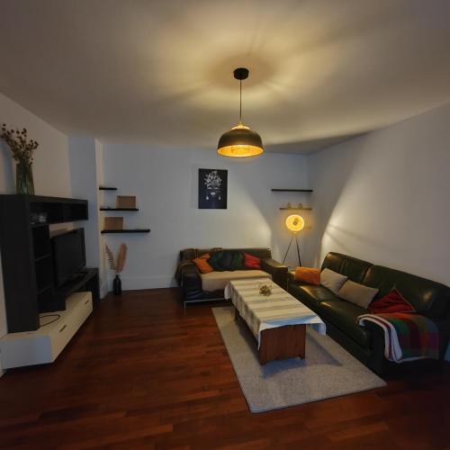 un salon avec un canapé et une télévision dans l'établissement Le bonheur Pantinois, à Pantin