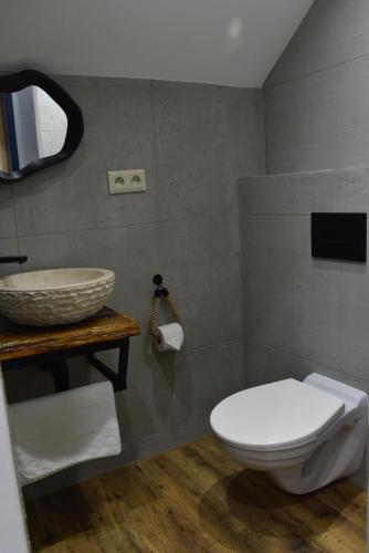 a bathroom with a white toilet and a sink at Apartmány Žakovce & SPA in Veľká Lomnica