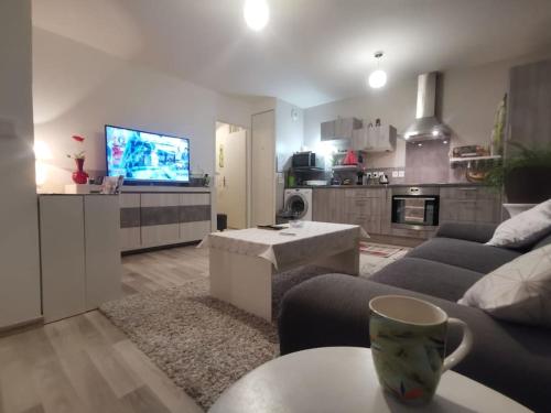 un salon avec un canapé et une table et une cuisine dans l'établissement Appart 42 m2 à 1 min de l'A13 conforme photos, place de parking gratuite, wifi, à Magnanville