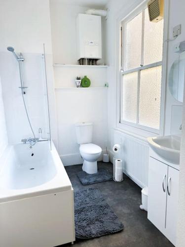 a white bathroom with a toilet and a sink at Stylish Westbrook Apartment in Kent
