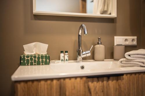 a kitchen counter with a sink with at Ferienwohnung Schottenhof Walser 4 - Alleinlage im Grünen mit Panoramablick in Achberg