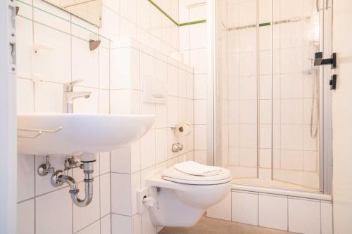 a bathroom with a toilet and a sink and a shower at Johouse Zingst Johouse Zimmer 13 in Zingst