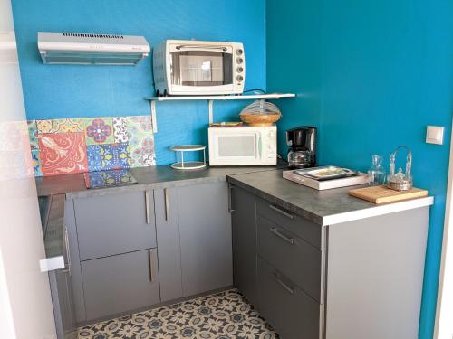 une cuisine avec un comptoir avec un micro-ondes dans l'établissement T2 Rénové Climatisé, Proche Plage, 4 Pers, Animaux Admis - FR-1-797-5, à Port-la-Nouvelle