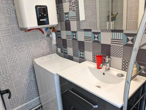 une salle de bain avec un lavabo et un miroir dans l'établissement T2 Rénové Climatisé, Proche Plage, 4 Pers, Animaux Admis - FR-1-797-5, à Port-la-Nouvelle