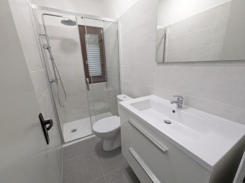 une salle de bain avec toilettes, lavabo et douche dans l'établissement T2 face mer, climatisé, parking privé, 4 pers - FR-1-797-11, à Port-la-Nouvelle