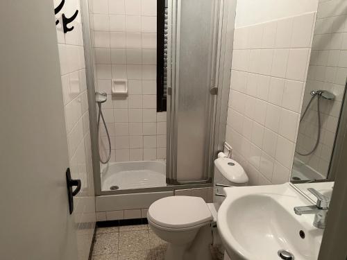 une salle de bain avec une douche, des toilettes et un lavabo dans l'établissement Appartement T2 climatisé avec parking, près de la plage, 5 couchages - FR-1-797-12, à Port-la-Nouvelle