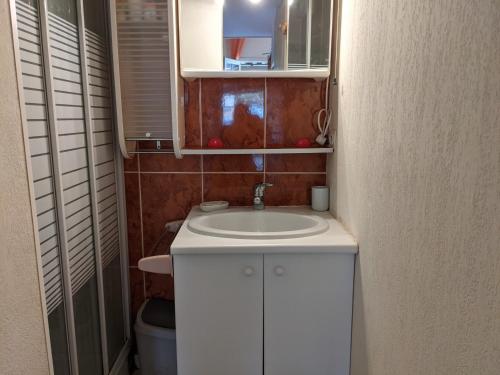 une petite salle de bain avec un lavabo et un miroir dans l'établissement Belle Villa T3 Mezzanine, à 450m Plage, 5 Pers, Terrasse, Jardin, Garage & Parking - FR-1-797-33, à Port-la-Nouvelle