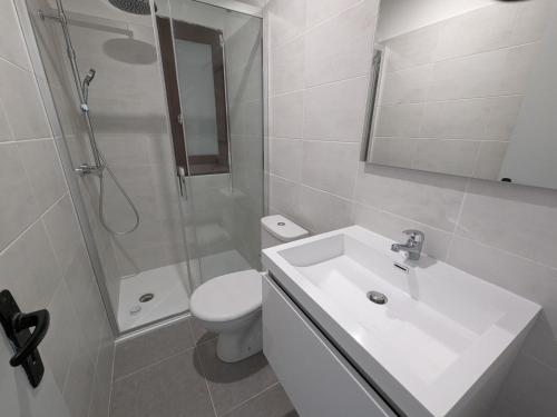 une salle de bain avec un lavabo, une douche et des toilettes dans l'établissement T2 climatisé en front de mer avec parking - FR-1-797-13, à Port-la-Nouvelle