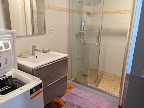 une salle de bain avec un lavabo et une douche dans l'établissement T3 spacieux climatisé - 5 pers - près plage, centre & animations - Parking privé - FR-1-797-22, à Port-la-Nouvelle