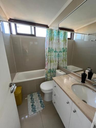a bathroom with a sink and a toilet and a shower at Departamento JARDIN DEL MAR, 2 Dormitorios in Coquimbo