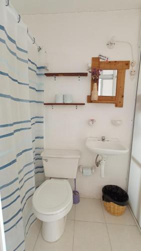 a bathroom with a white toilet and a sink at Casa Huipil in San Cristóbal de Las Casas
