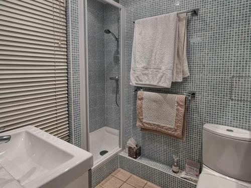 une salle de bain avec une douche, un lavabo et des toilettes dans l'établissement T2 avec piscine collective et parking à Bormes-les-Mimosas - FR-1-803-12, à Bormes-les-Mimosas
