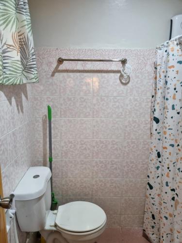 a bathroom with a toilet and a shower curtain at Arabella's Home in Dumaguete
