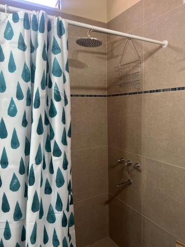 a bathroom with a shower with a shower curtain at El Descanso del Wayra in Tilcara