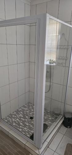 a shower with a glass door in a bathroom at The Adante in Buffelsbadden
