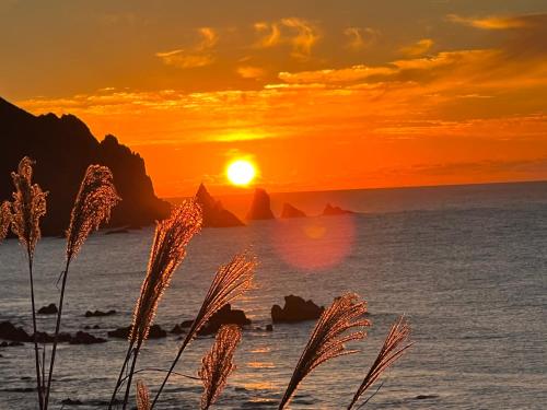 a sunset over the ocean with a field of grass at SADO二ツ亀ビューホテル in Sado