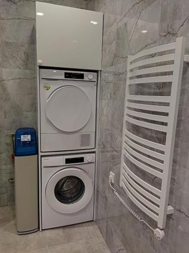 a washer and dryer in a bathroom with a wall at Aušros Alėjos Apartamentai in Šiauliai