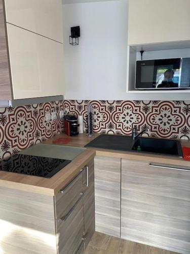 a kitchen with a sink and a microwave at Cozy maisonette in Versailles 15 min from Paris in Versailles