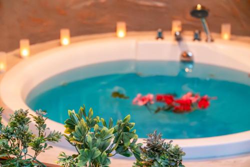 a swimming pool with red flowers in it at Royal Wings Hotel in Lara