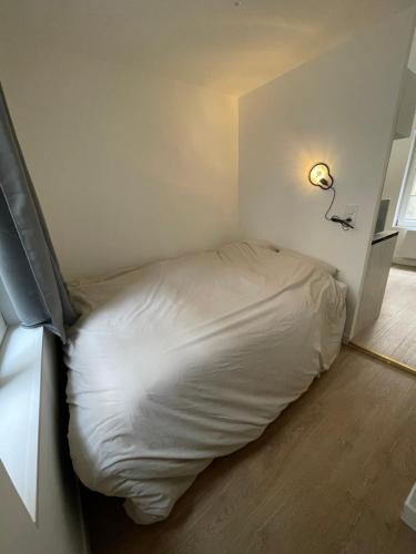 - un lit blanc dans une chambre dotée d'une lumière sur le mur dans l'établissement Place St Epvre - Cosy studio rénové, à Nancy