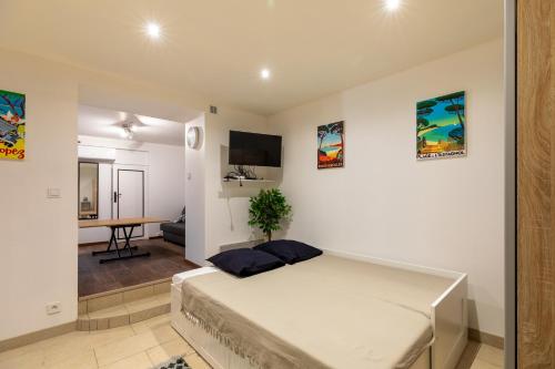 une chambre avec un grand lit dans une pièce dans l'établissement La Succulente - T1 bis climatisé proche plage, à Cannes