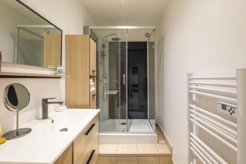 une salle de bain avec douche et lavabo dans l'établissement La Succulente - T1 bis climatisé proche plage, à Cannes