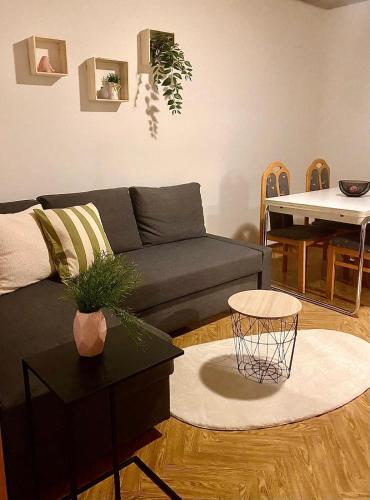 a living room with a couch and a table at TOP Apartment! 13km Saarbrücken! große Terrasse! 4 Zimmer! 1-6 Pers, Saarbruecken in Altenwald