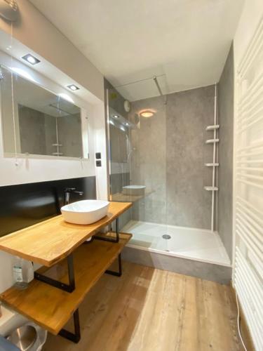 une salle de bain avec un lavabo et une douche dans l'établissement Évasion alpine à Superdévoluy au pied des pistes ski, luge 4 saisons, rando, 2 à 6 personnes, à Saint-Étienne-en-Dévoluy