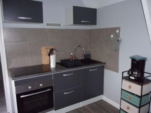 une cuisine avec un évier et un plan de travail dans l'établissement Longère en bois à 15 min de la mer, à Bretteville-Saint-Laurent