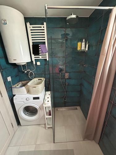 a bathroom with a shower and a washing machine at Ana’s 2 bedrooms lovely flat in Podgorica