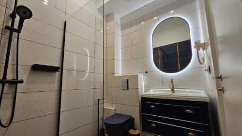 a bathroom with a sink and a mirror at Pension Nina in Douăzeci şi Trei August