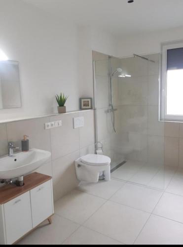 a bathroom with a toilet and a shower and a sink at Ferienwohnung - Melina - in Winsen