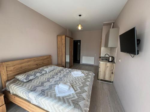 a bedroom with a bed and a television in it at Best House in K'obulet'i
