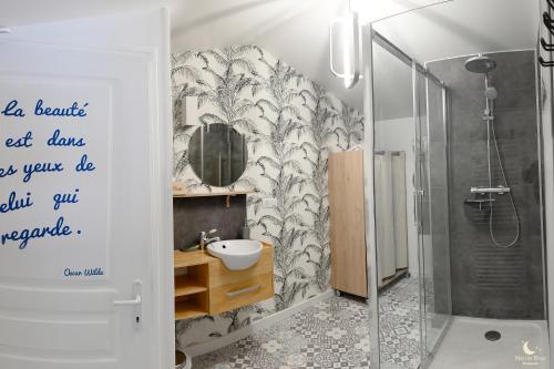 une salle de bain avec toilettes, lavabo et douche dans l'établissement Gîte Les Pins Perdus, à Saint-Ciers-dʼAbzac