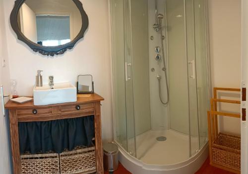 a bathroom with a shower and a sink and a mirror at La Costa Bella in Libourne