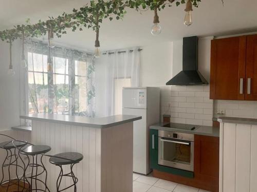 - une cuisine avec un comptoir et quelques tabourets dans l'établissement HOMEYPIC LYON T3 vue sur la Saône, à Lyon