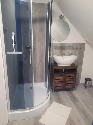 a bathroom with a shower and a sink at Ubytovanie na včelej farme in Polichno