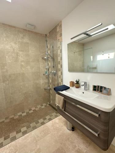 une salle de bain avec un lavabo et une douche dans l'établissement Grande Maison - Proche plages - Combrit Ste Marine, à Combrit