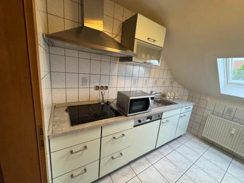 a kitchen with a sink and a microwave at Ferienunterkunft Monteurwohnung Hagenbach in Hagenbach